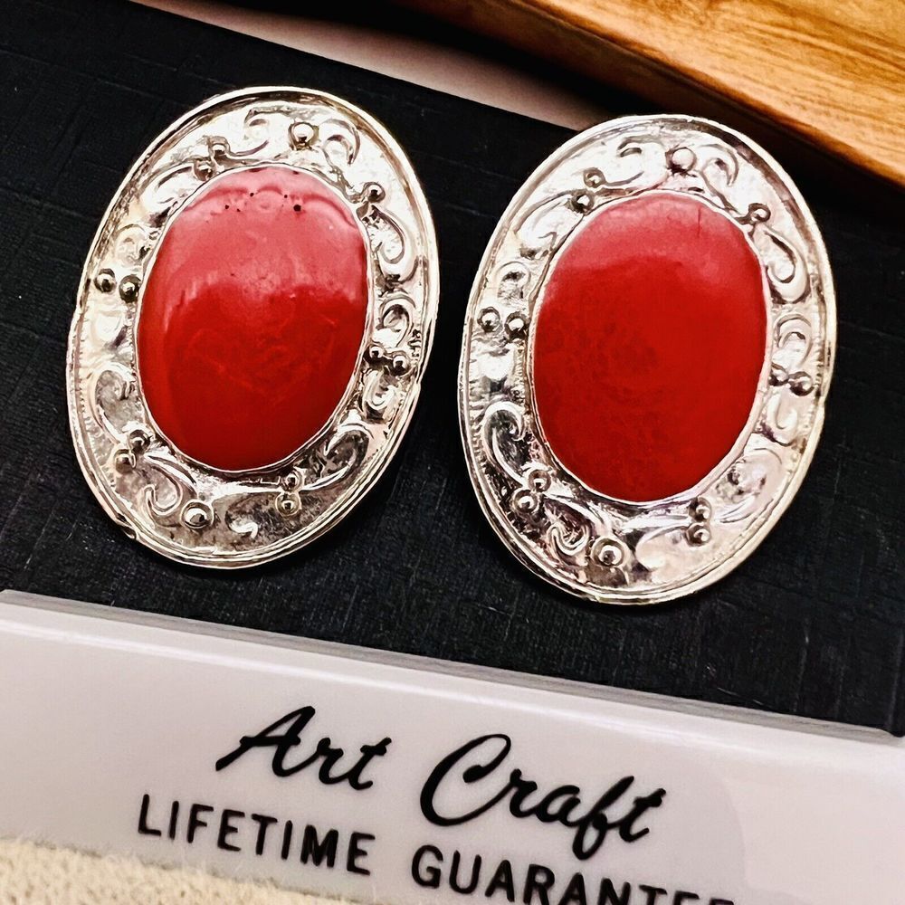 Vintage Art Craft Earrings Silver Tone Red Enamel Clip On Oval Textured 4158